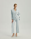Powder Blue Wells Blazer on model, full-length front view showing the layered blazer and inner vest