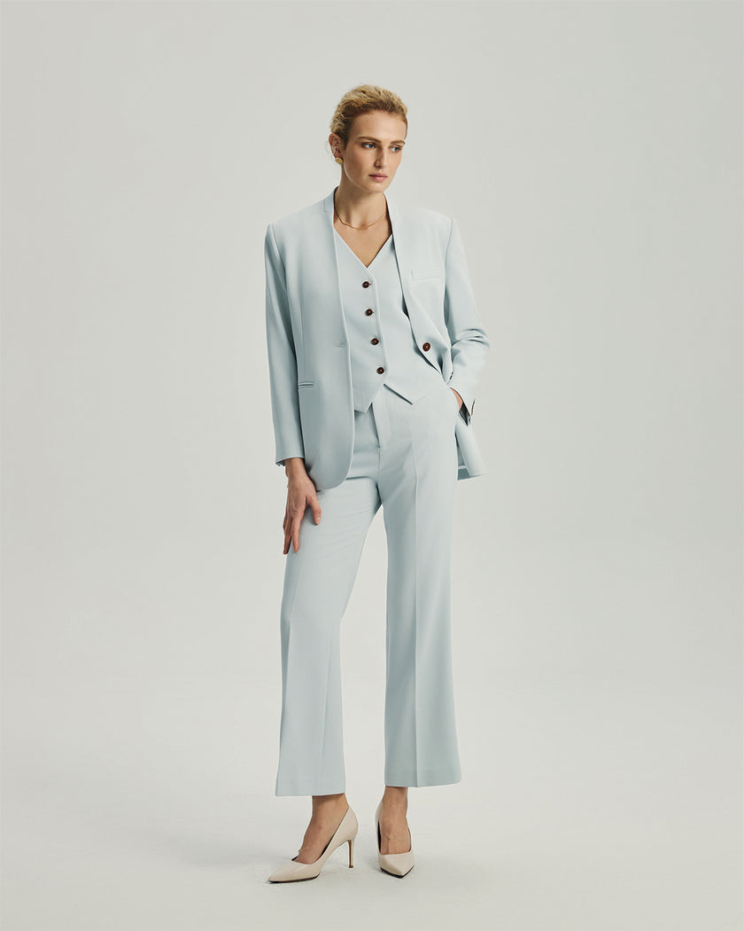 Powder Blue Wells Blazer on model, full-length front view showing the layered blazer and inner vest
