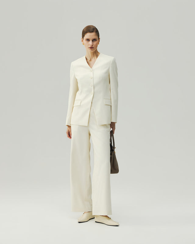Straight-Leg Trousers in Vanilla on model, full-length front styling view