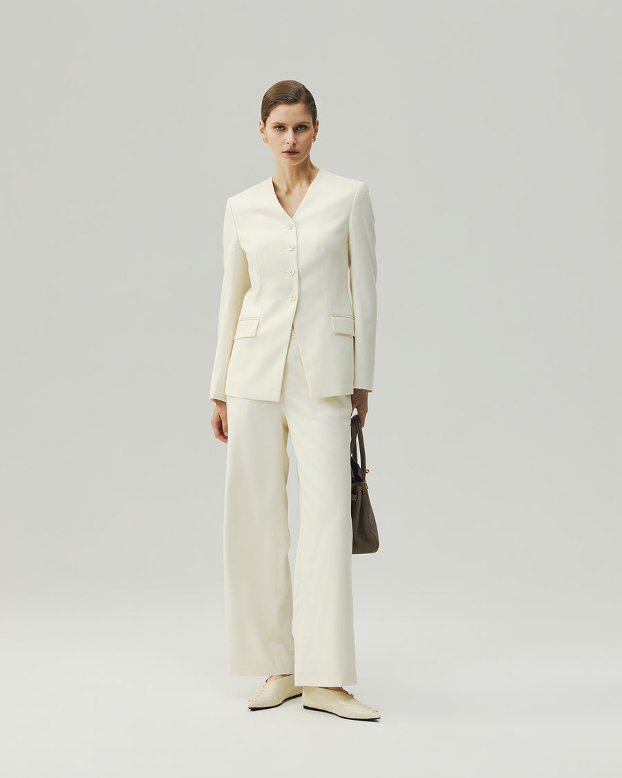 Straight-Leg Trousers in Vanilla on model, full-length front styling view