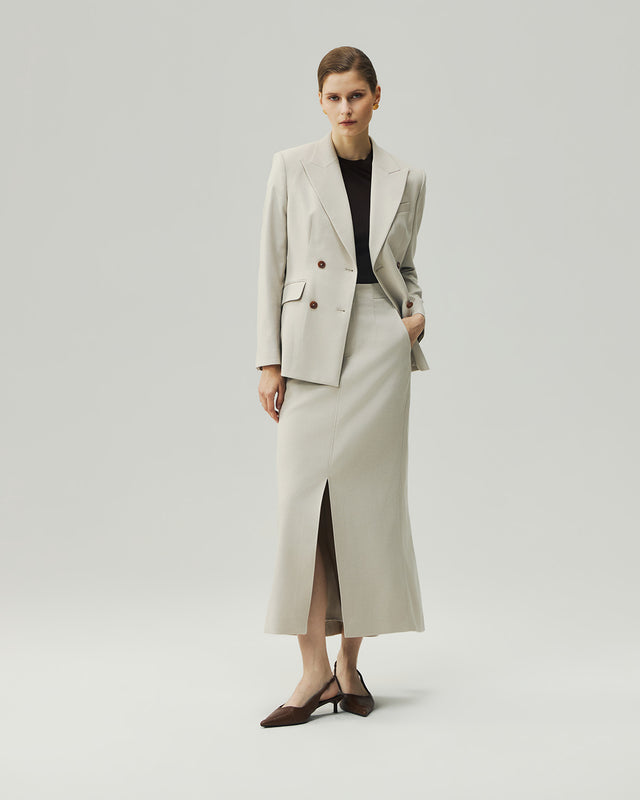 Textured Oatmeal sculpted blazer on model, full-length front view with matching skirt