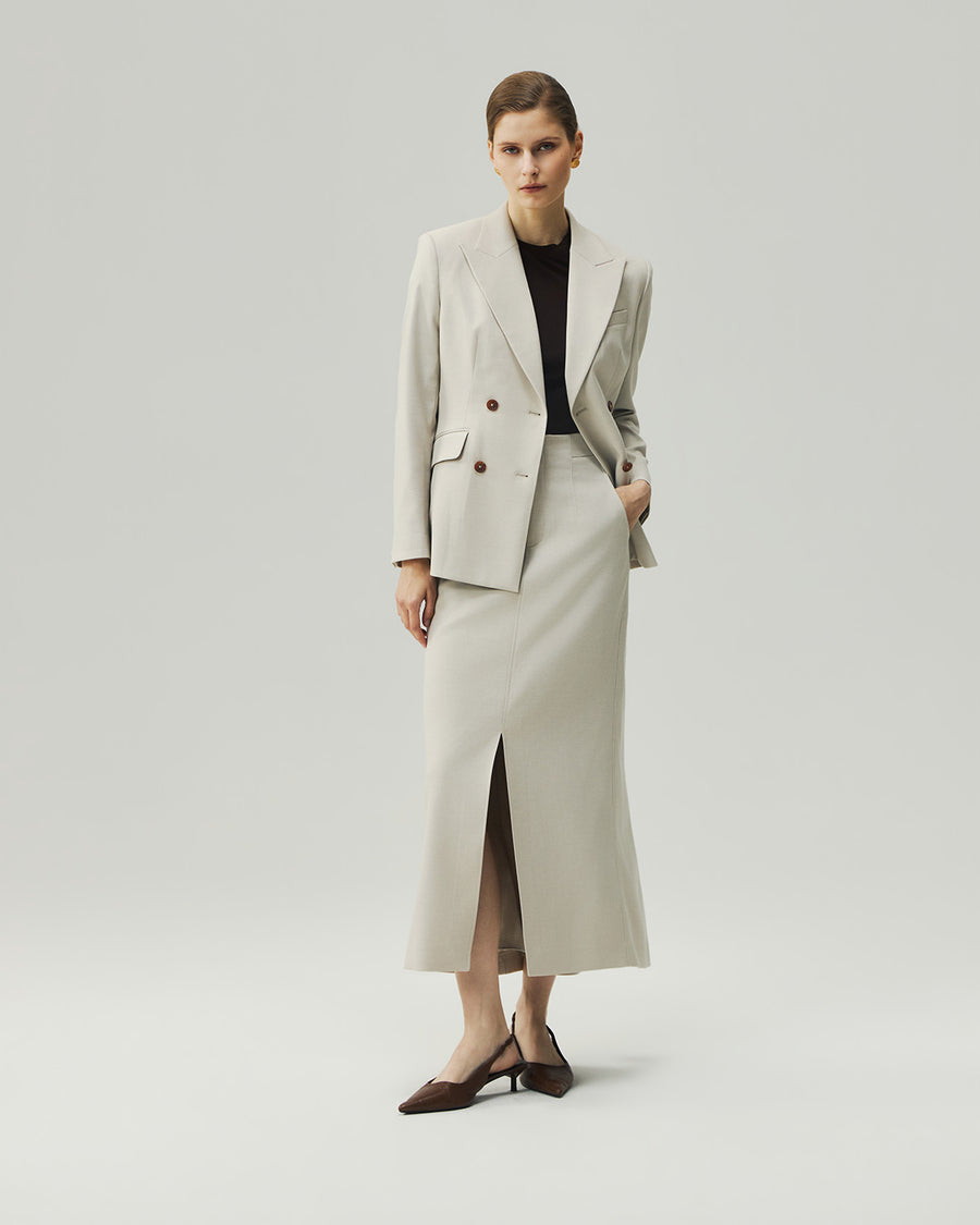 Textured Oatmeal sculpted blazer on model, full-length front view with matching skirt