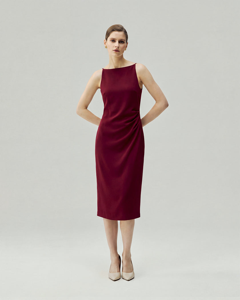Midi Dress in Burgundy on model, full-length front view highlighting the slim midi silhouette