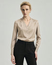 Riva Shirt in Champagne on model, front view highlighting the relaxed silhouette and long sleeves
