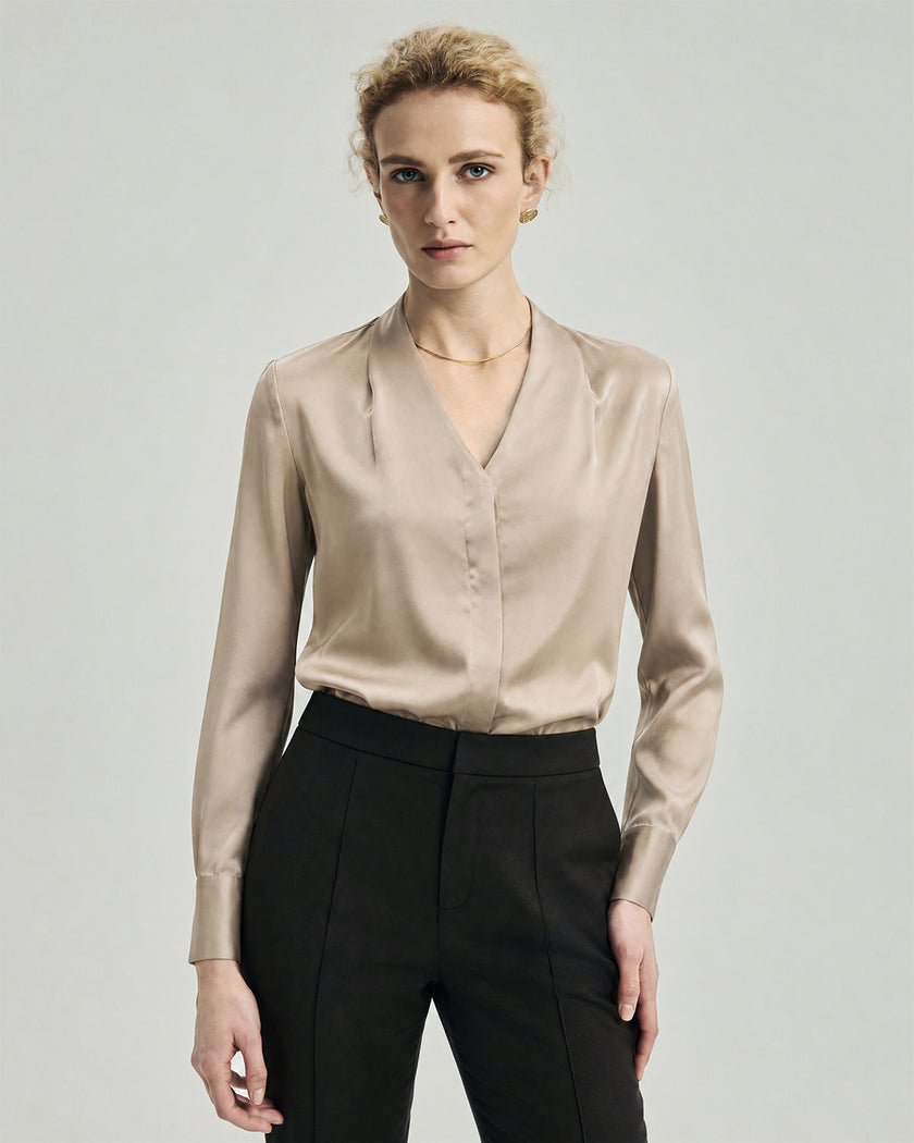 Riva Shirt in Champagne on model, front view highlighting the relaxed silhouette and long sleeves