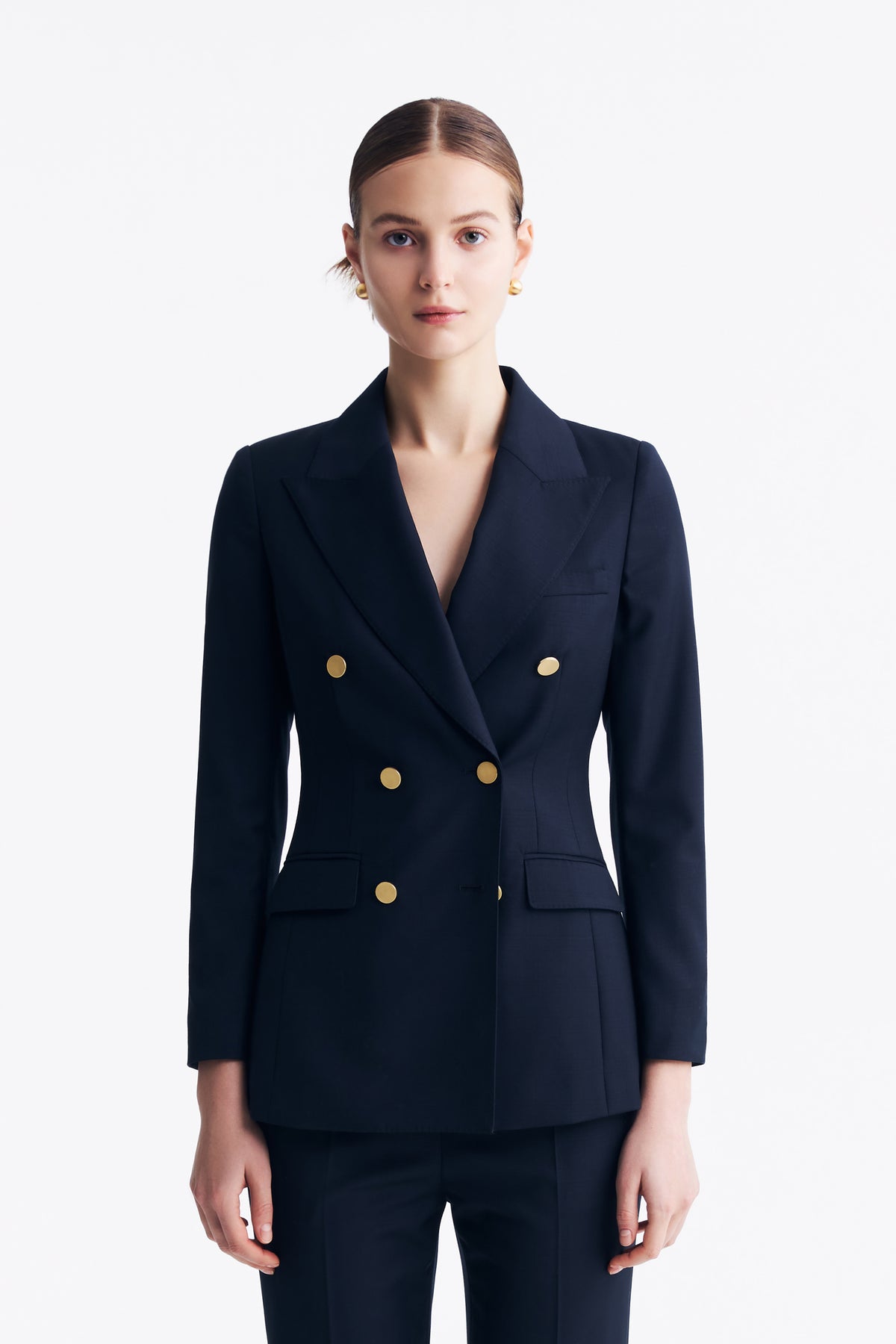 LC ACE™ Loyal Navy Blue Subtle Grid Double-breasted Blazer Styling