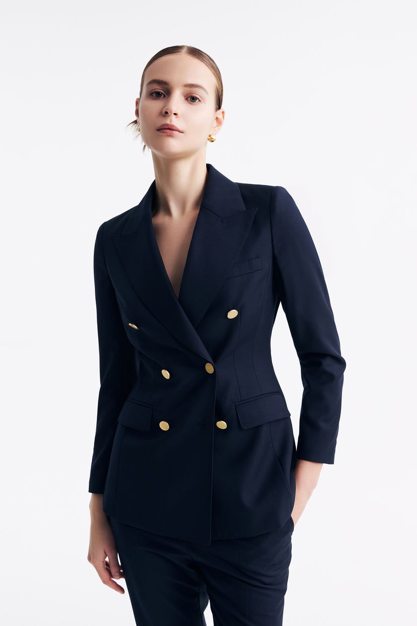 LC ACE™ Loyal Navy Blue Subtle Grid Double-breasted Blazer
