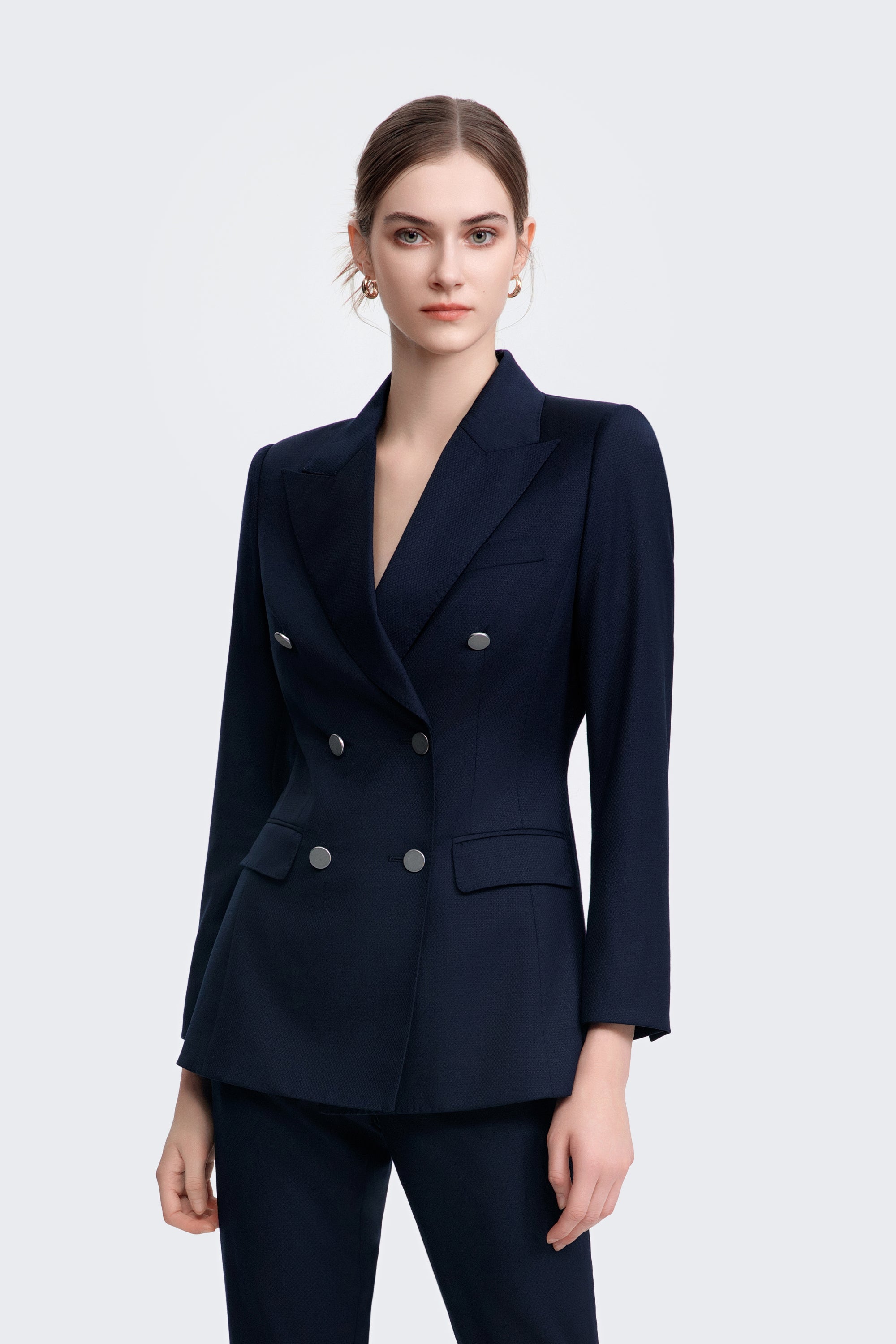 TieForHer - LC ACE™ Peak Lapel Double-breasted Blazer - Dark Blue Honeycomb Pattern - Blazer