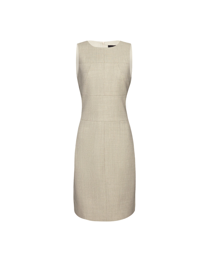 Curie textured apricot sleeveless wool dress with a round neckline, fitted waist and straight skirt