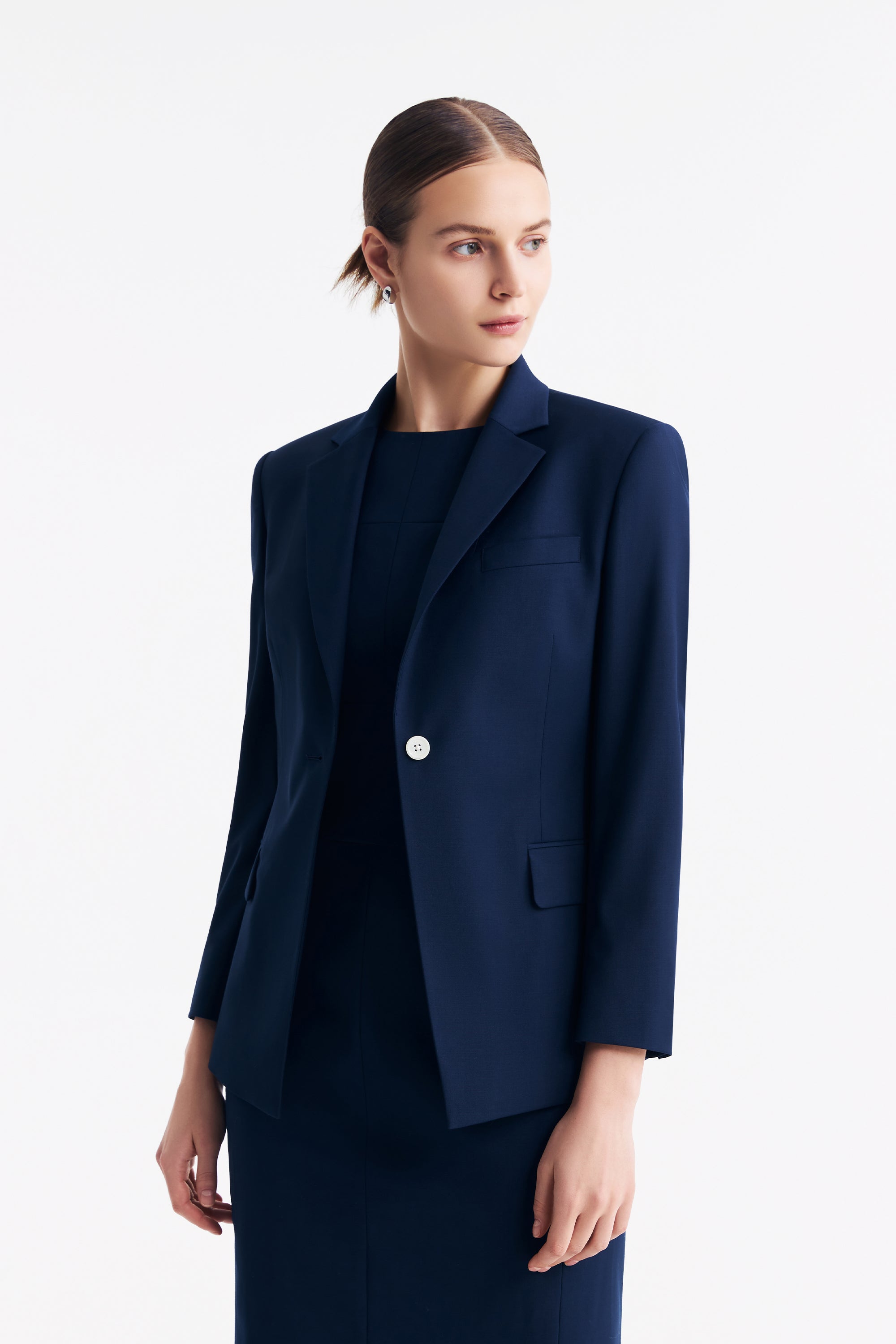 TieForHer - LC DIANA™ Black Flat Collar Single-button Blazer - Dark Blue - Blazer