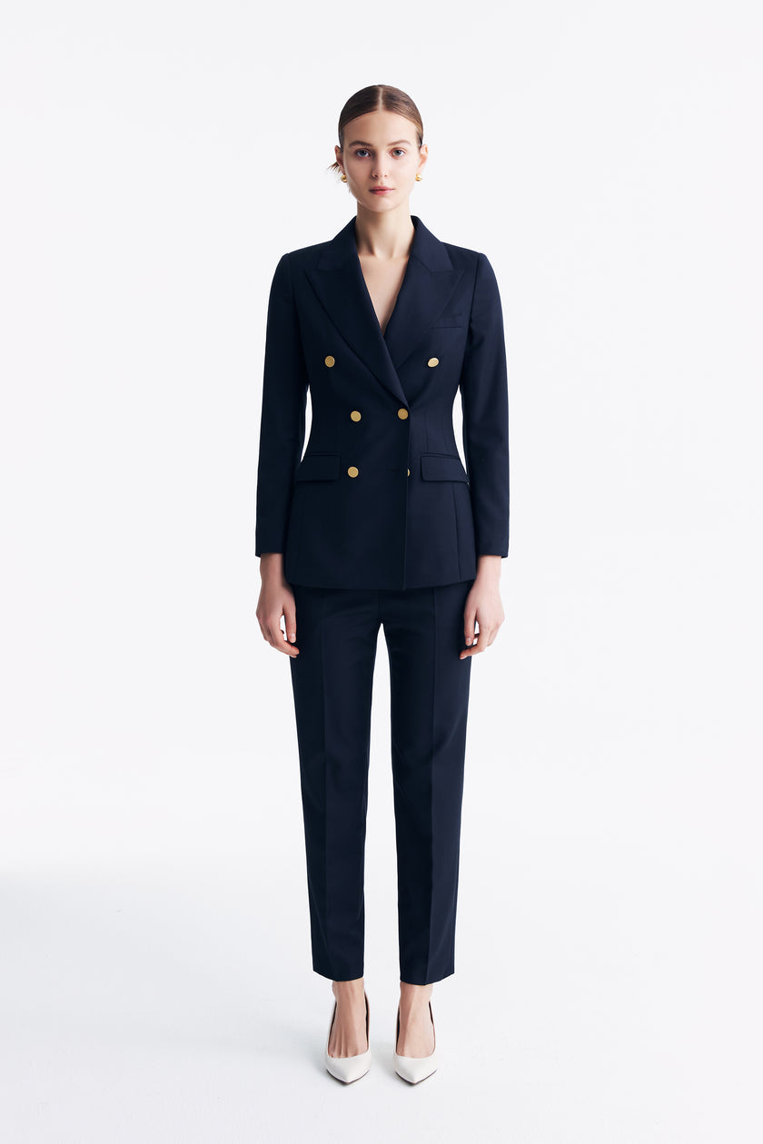 LC ELENA™ Loyal Navy Blue Subtle Grid Cropped Trousers