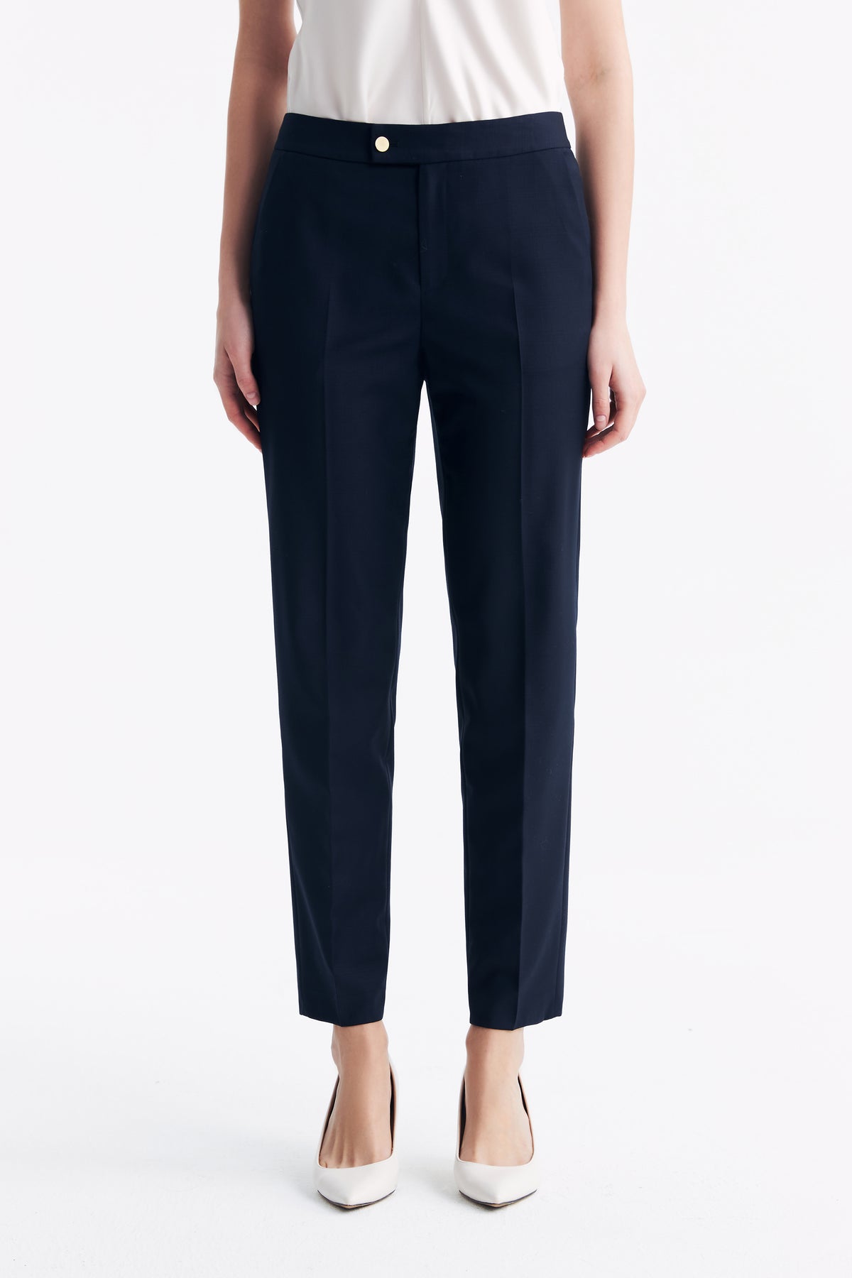 LC ELENA™ Loyal Navy Blue Subtle Grid Cropped Trousers Styling