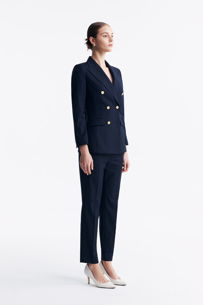 LC ELENA™ Loyal Navy Blue Subtle Grid Cropped Trousers
