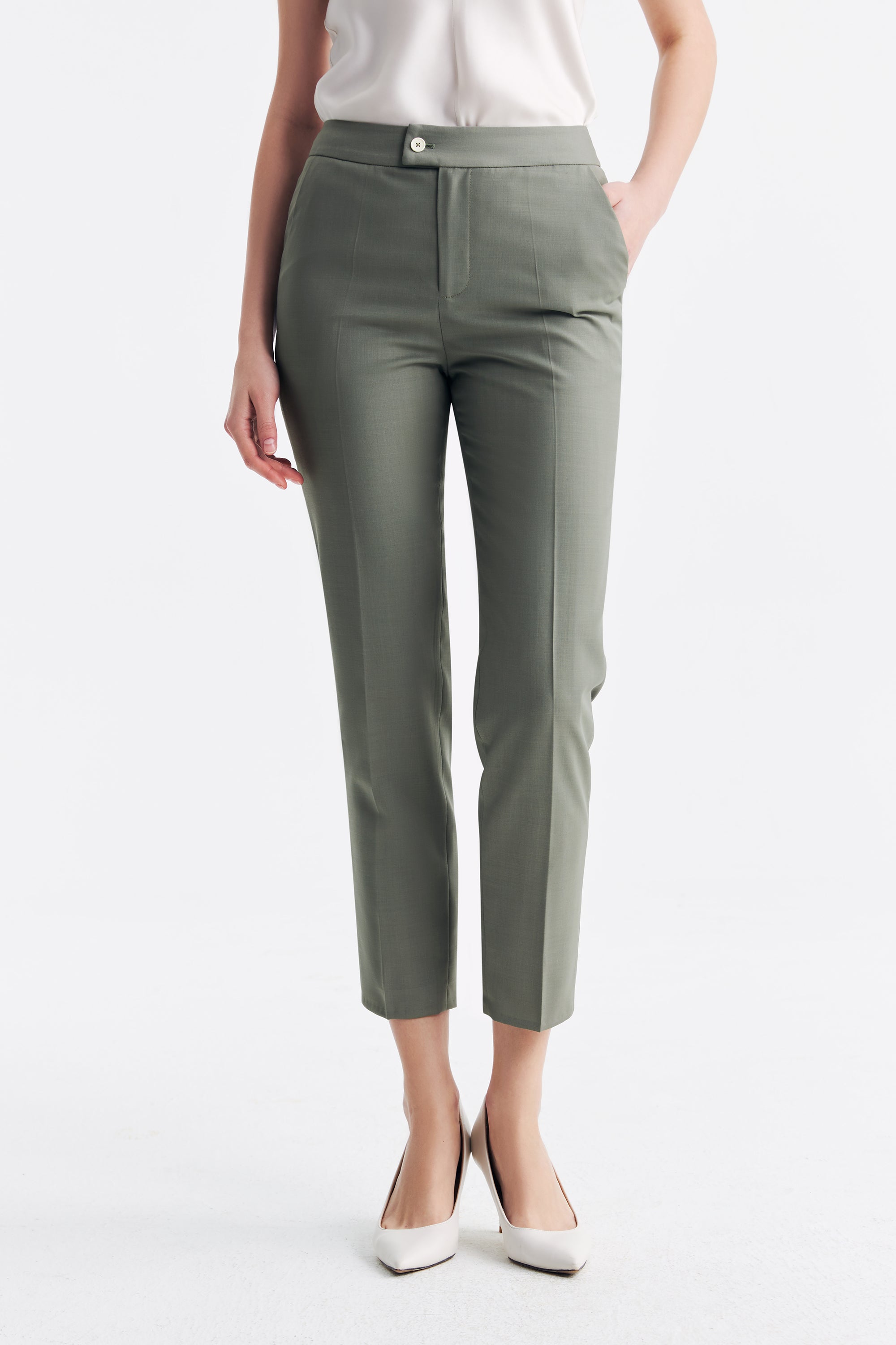 TieForHer - LC ELENA™ Tailored Slim-fit Cropped Trousers - Cinnamon Green - Trouser