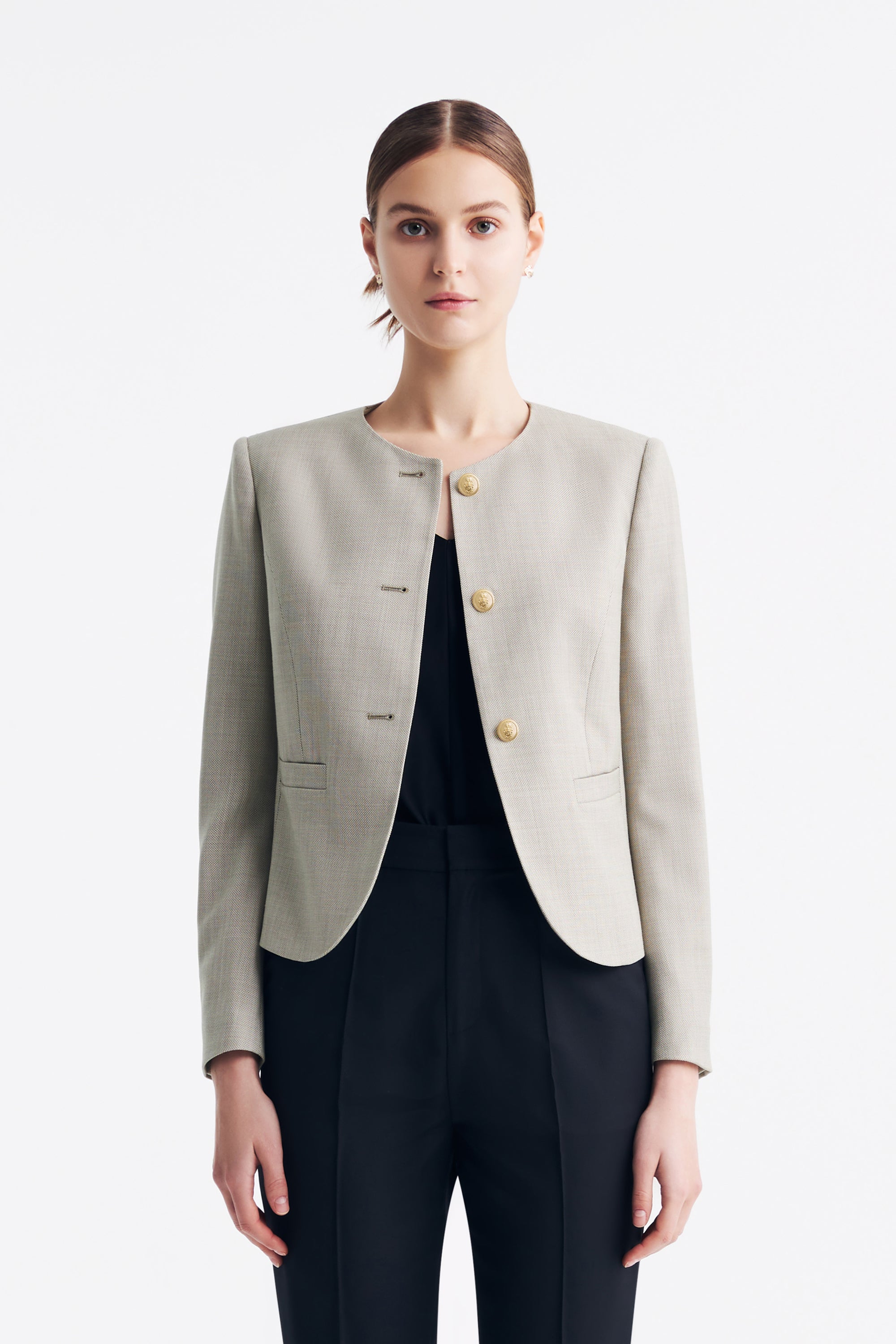 TieForHer - LC GABRI™ Round-neck Single-breasted Short Jacket - Apricot - Jacket