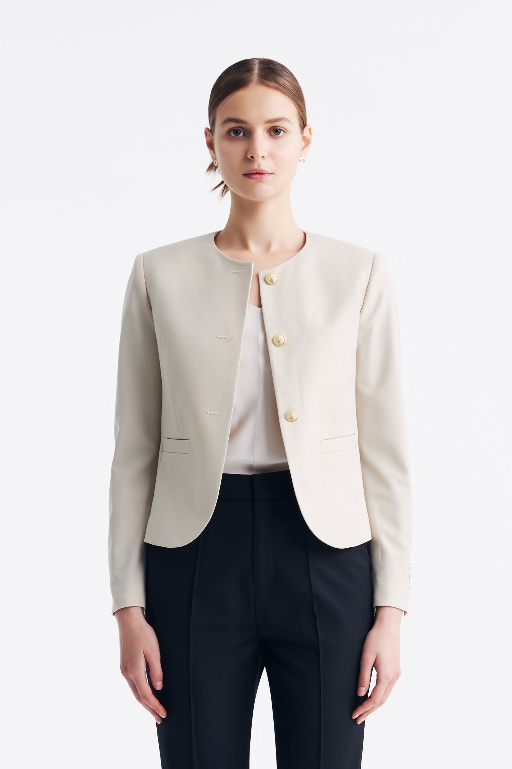 TieForHer - LC GABRI™ Round-neck Single-breasted Short Jacket - Oatmeal - Jacket