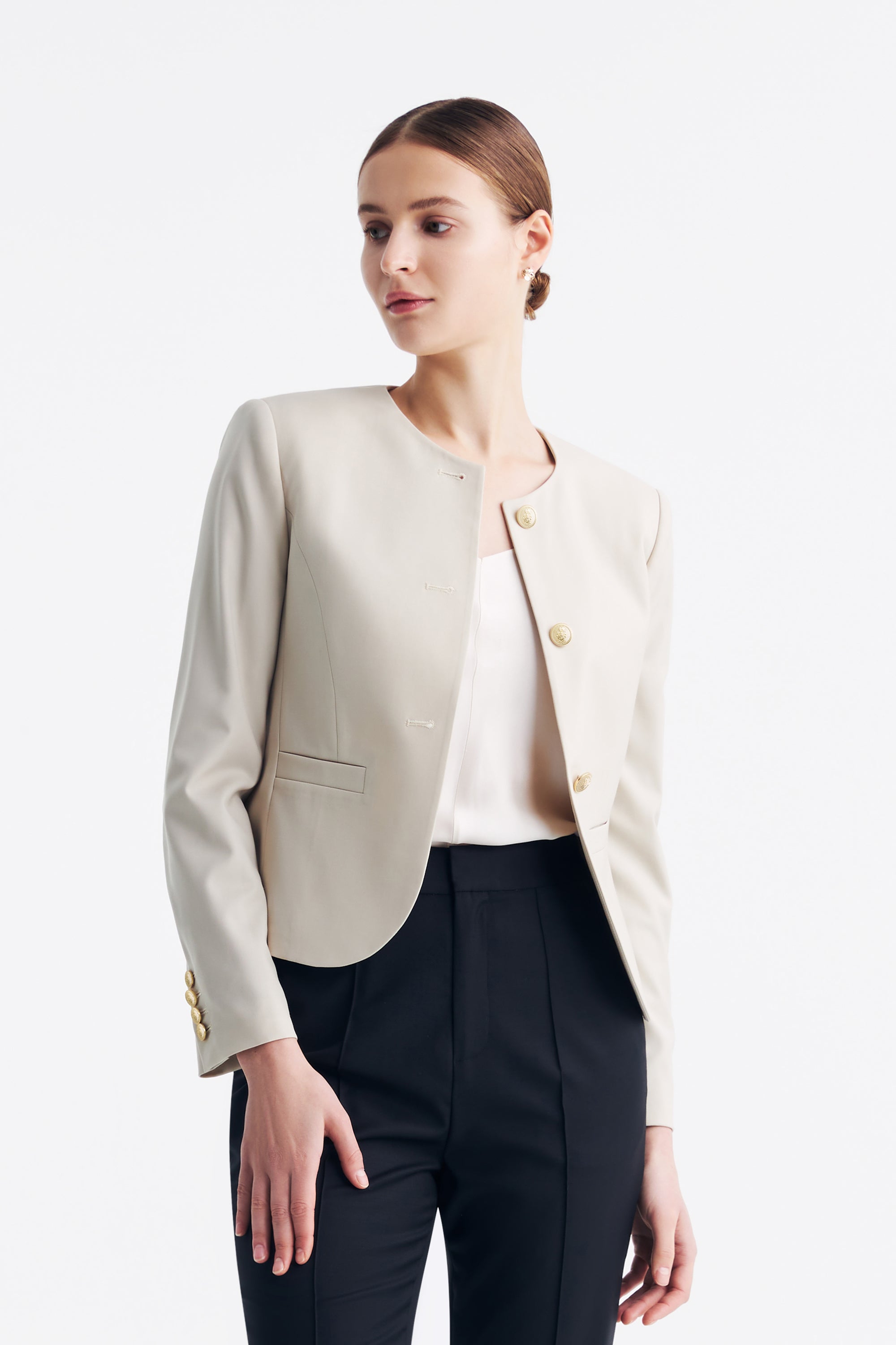 TieForHer - LC GABRI™ Round-neck Single-breasted Short Jacket - Oatmeal - Jacket