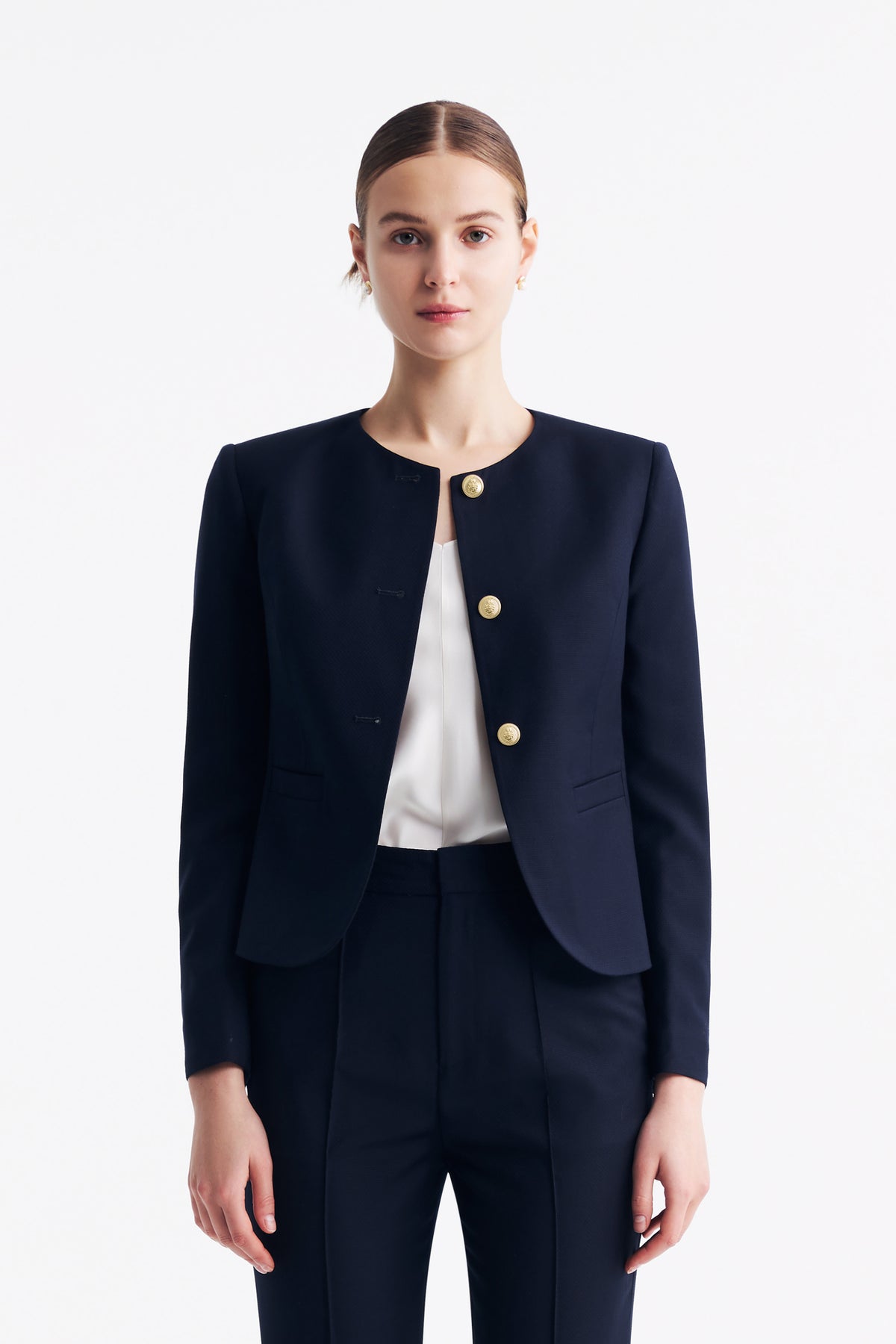 LC GABRI™ Loyal Navy Blue Honeycomb Pattern Short Jacket Styling