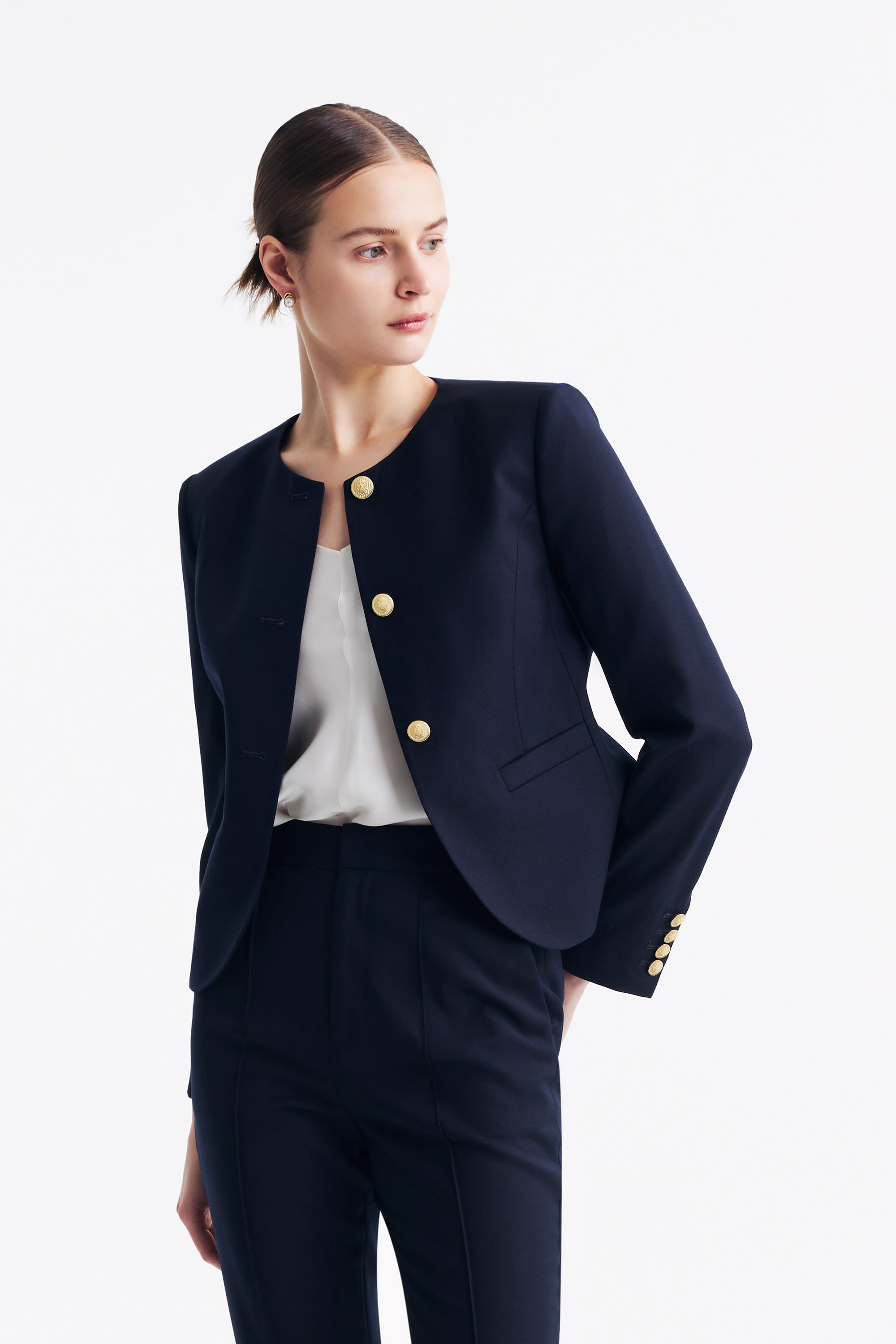 TieForHer - LC GABRI™ Round-neck Single-breasted Short Jacket - Dark Blue Honeycomb Pattern - Jacket