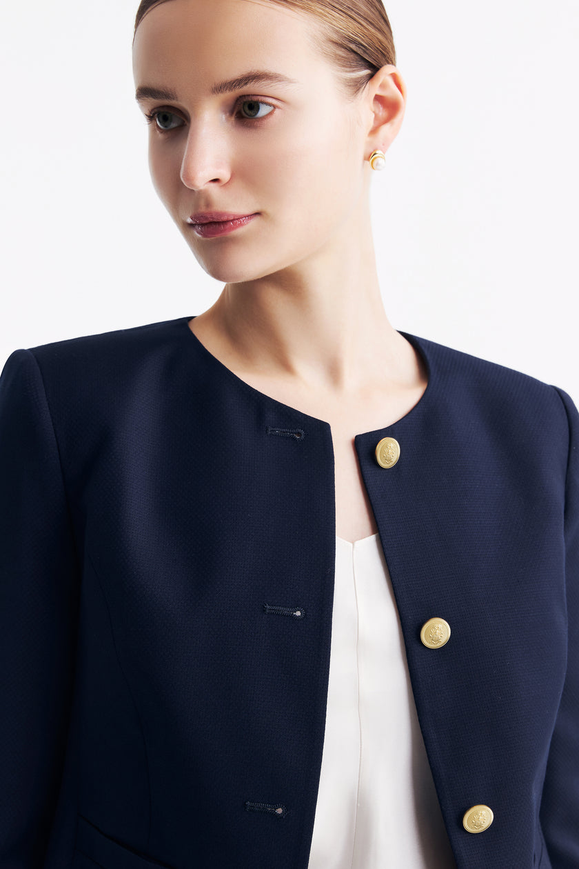 LC GABRI™ Loyal Navy Blue Honeycomb Pattern Short Jacket