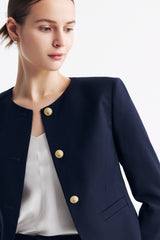 LC GABRI™ Round-neck Single-breasted Short Jacket - Dark Blue Honeycomb Pattern