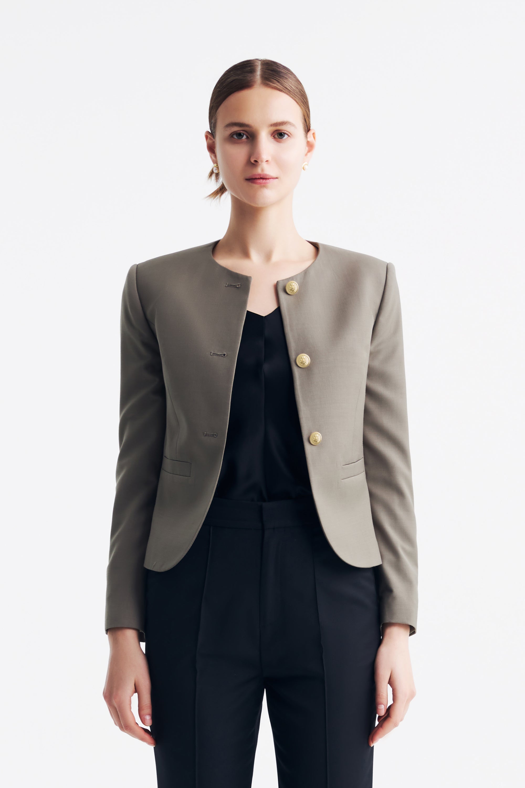 TieForHer - LC GABRI™ Round-neck Single-breasted Short Jacket - Caterpillar Grey - Jacket