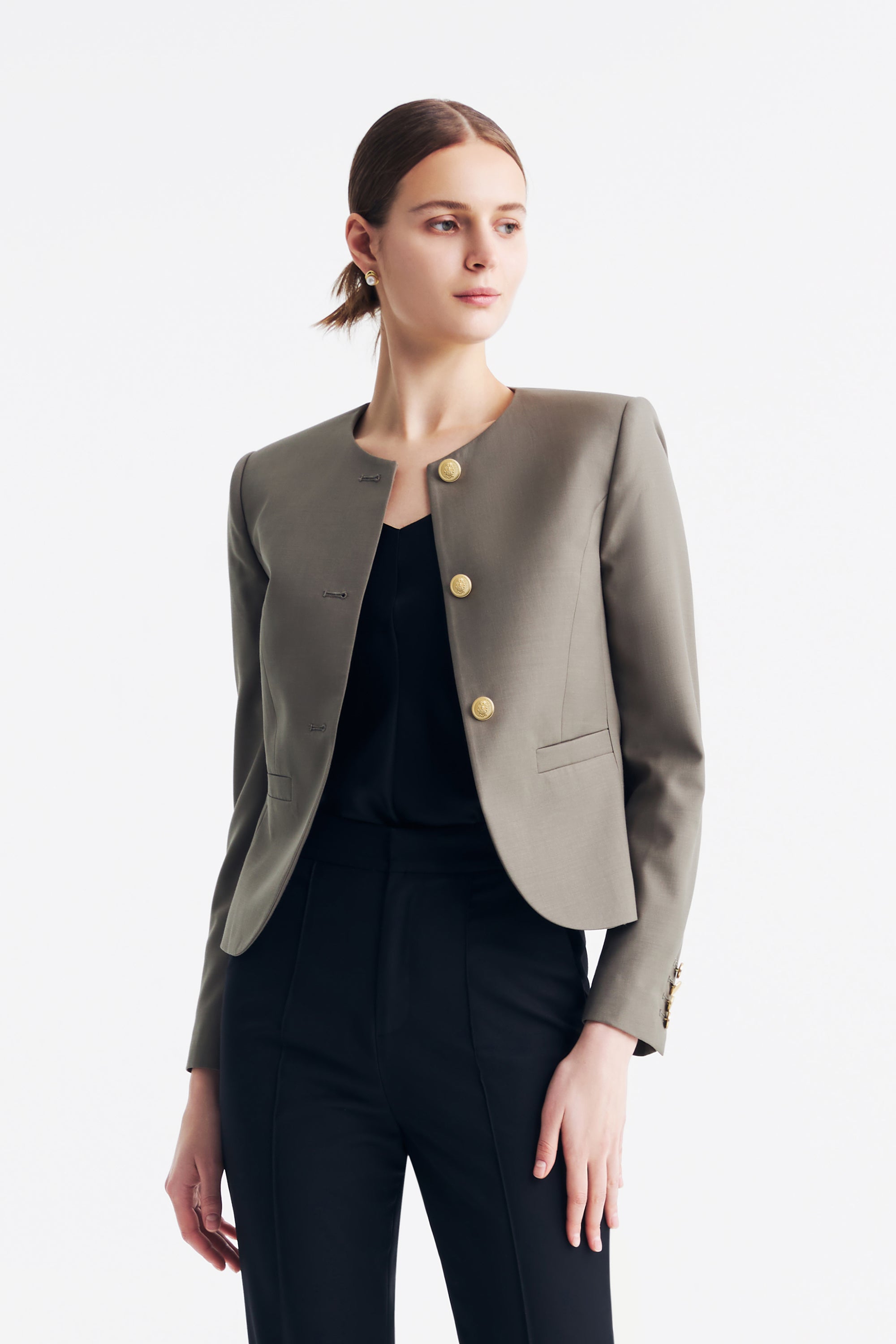 TieForHer - LC GABRI™ Round-neck Single-breasted Short Jacket - Caterpillar Grey - Jacket