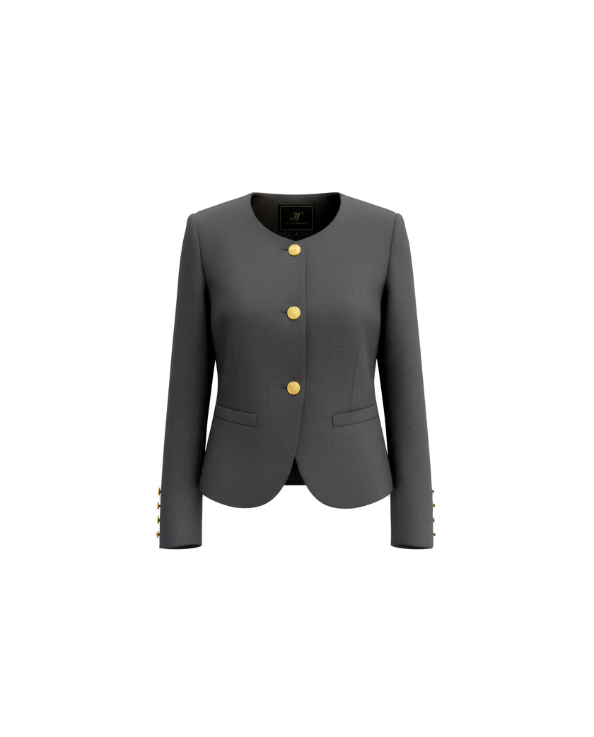 Gabri charcoal grey collarless wool-blend jacket with metal buttons and welt pockets