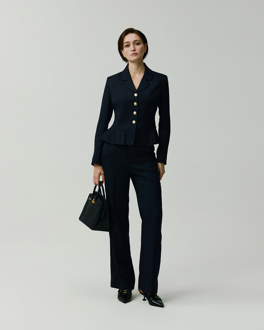 Leiden Jacket in Navy on model, full-length front styling view