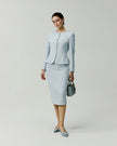 Powder Blue Piana Jacket on model, full-length front view with matching skirt