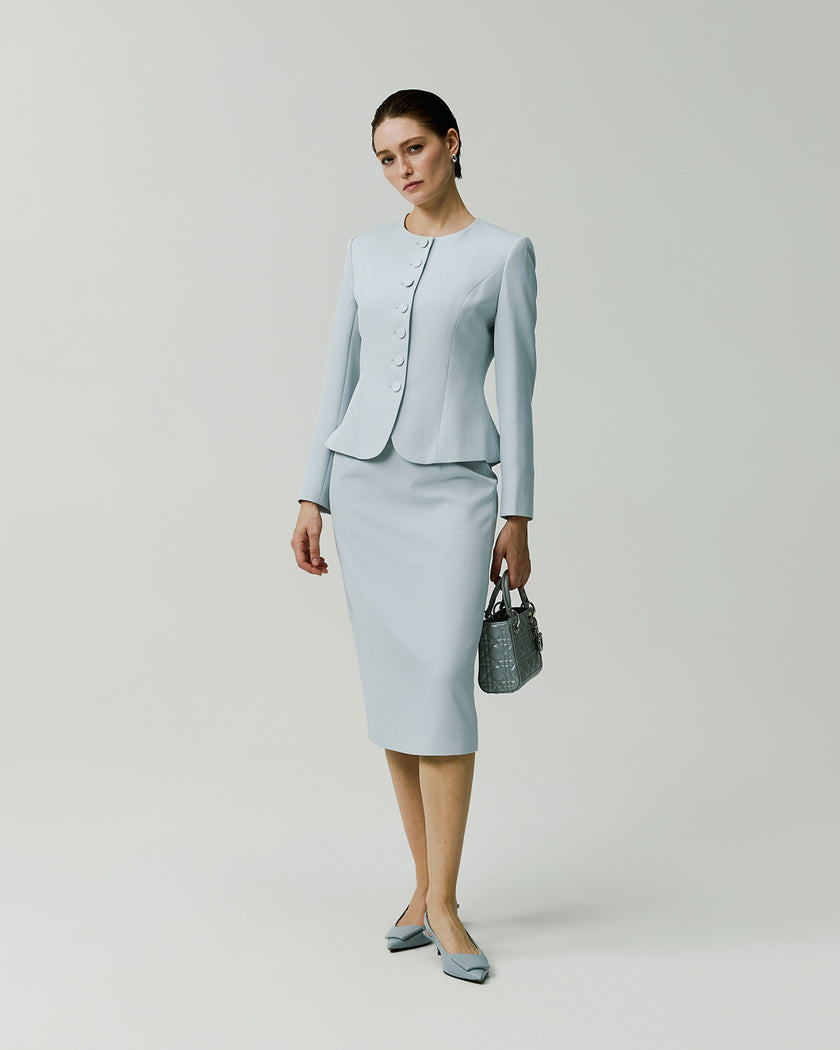Powder Blue Piana Jacket on model, full-length front view with matching skirt