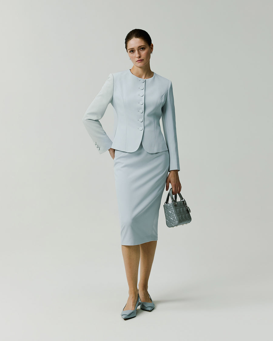 Piana Jacket in Powder Blue on model, front styling view