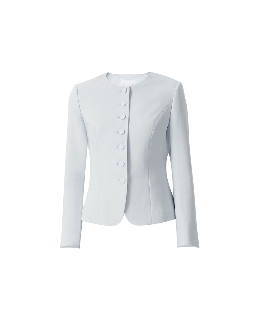 Powder Blue fitted collarless jacket, front product view