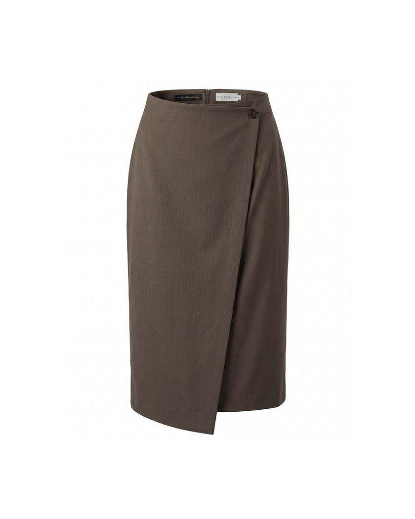 Warm Tea Brown high-rise wrap skirt with asymmetric hem, front product view