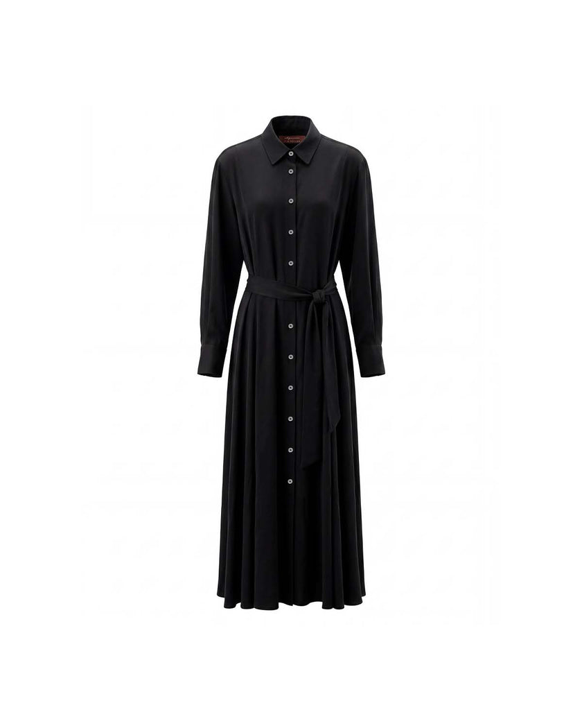 Black belted button-front shirt dress, front product view