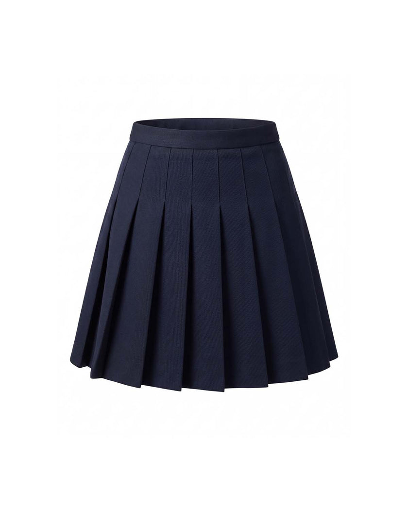 Deep Navy high-rise pleated mini skirt, front product view