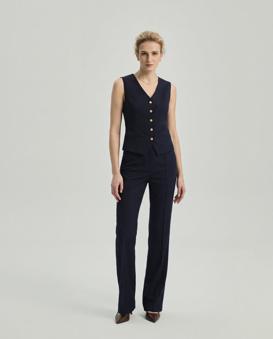 Rosa Vest in Dark Navy Check on model, full-length front styling view