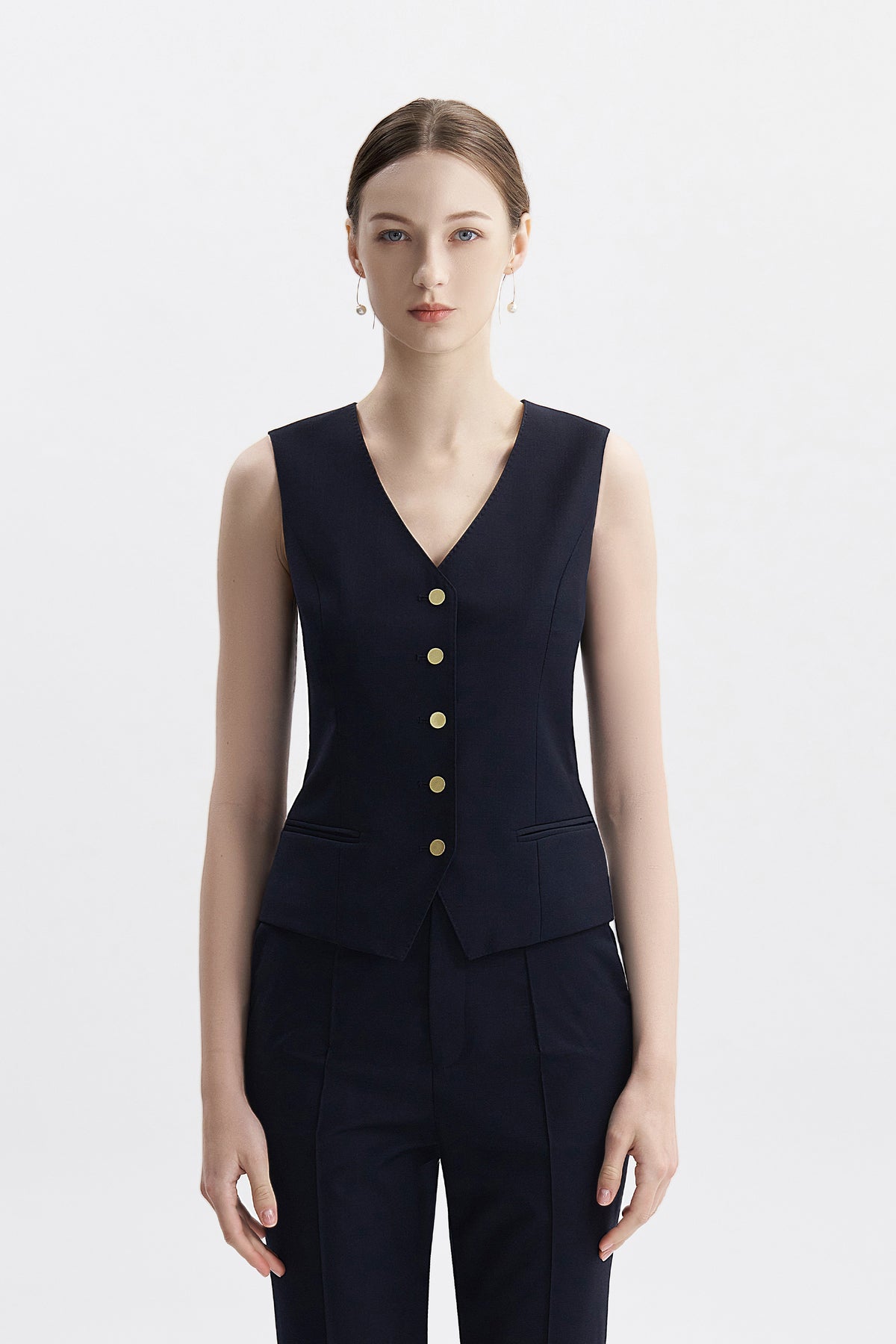 LC ROSA™ Loyal Navy Blue Subtle Grid Single-breasted Vest Styling