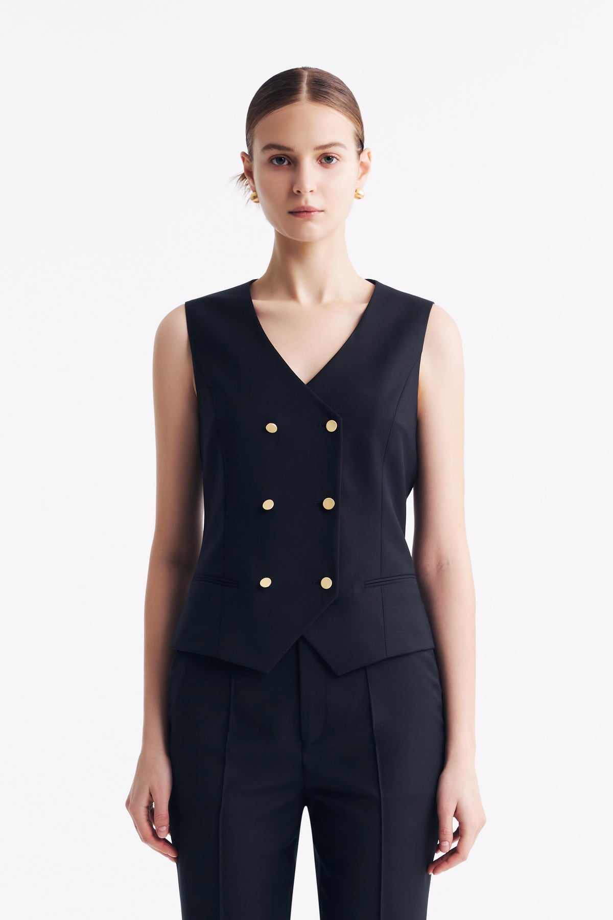 LC TERESA™ Loyal Navy Blue Subtle Grid Double-breasted Vest Styling