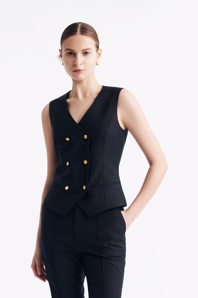 LC TERESA™ Loyal Navy Blue Subtle Grid Double-breasted Vest