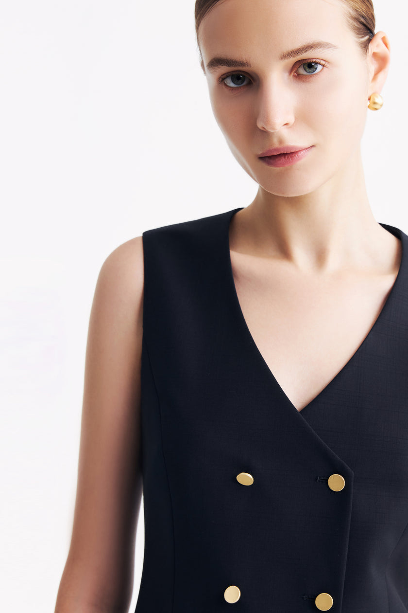 LC TERESA™ Loyal Navy Blue Subtle Grid Double-breasted Vest