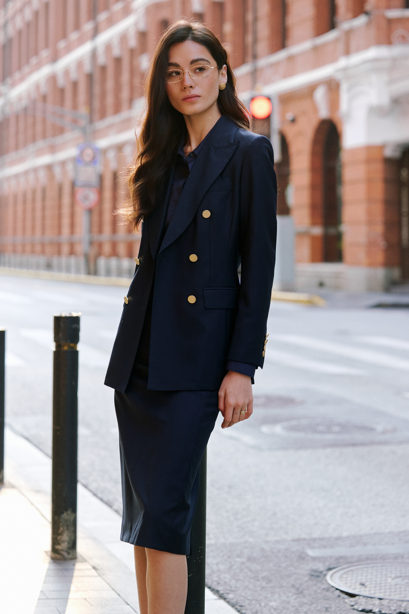 LC ACE™ Loyal Navy Blue Subtle Grid Double-breasted Blazer