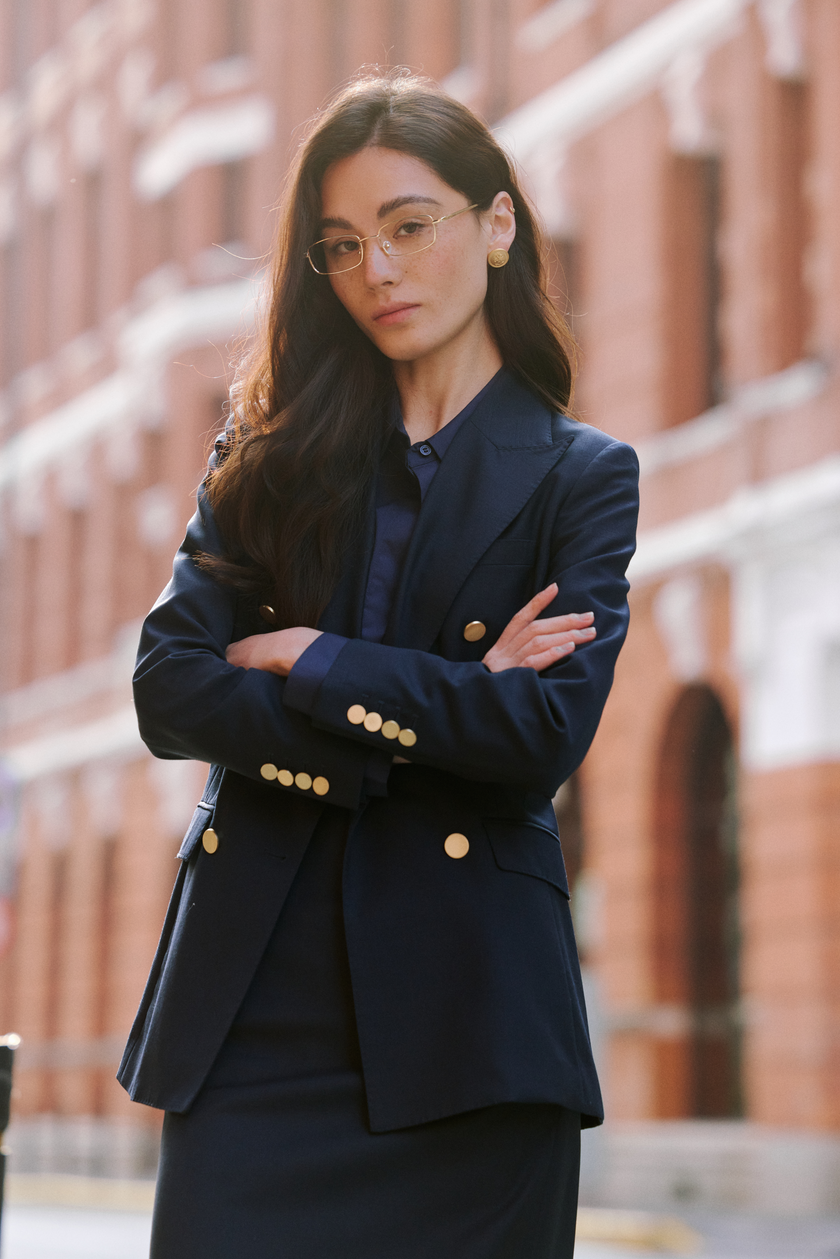 LC ACE™ Loyal Navy Blue Subtle Grid Double-breasted Blazer