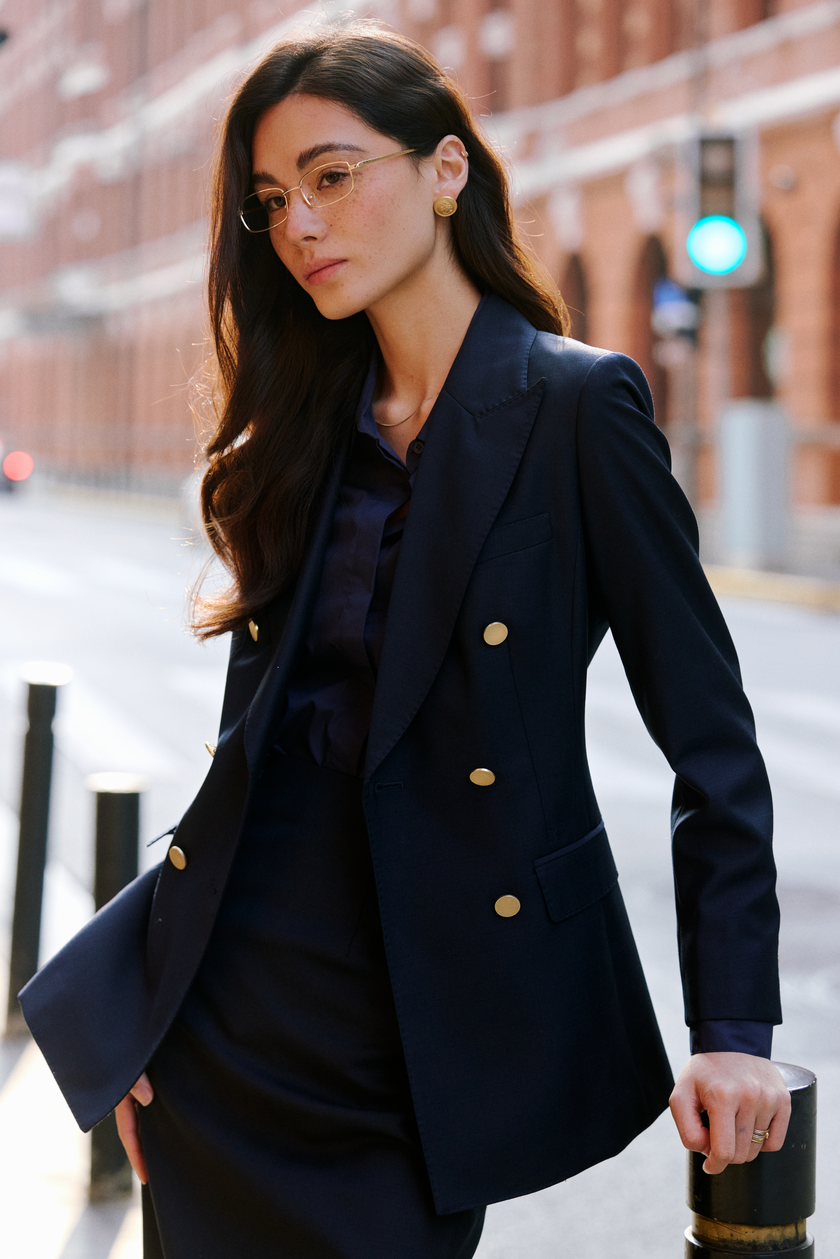 LC ACE™ Loyal Navy Blue Subtle Grid Double-breasted Blazer