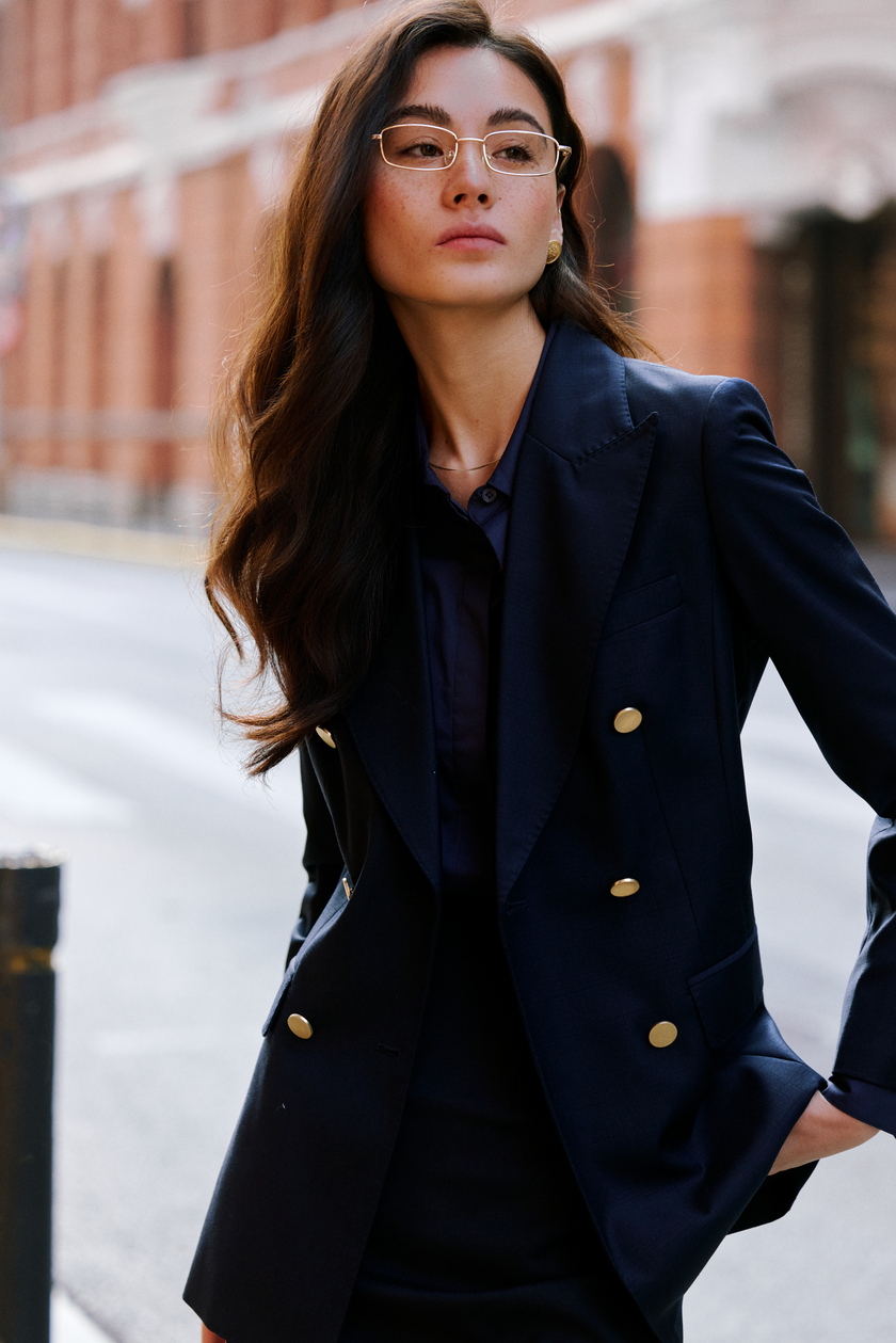 LC ACE™ Loyal Navy Blue Subtle Grid Double-breasted Blazer