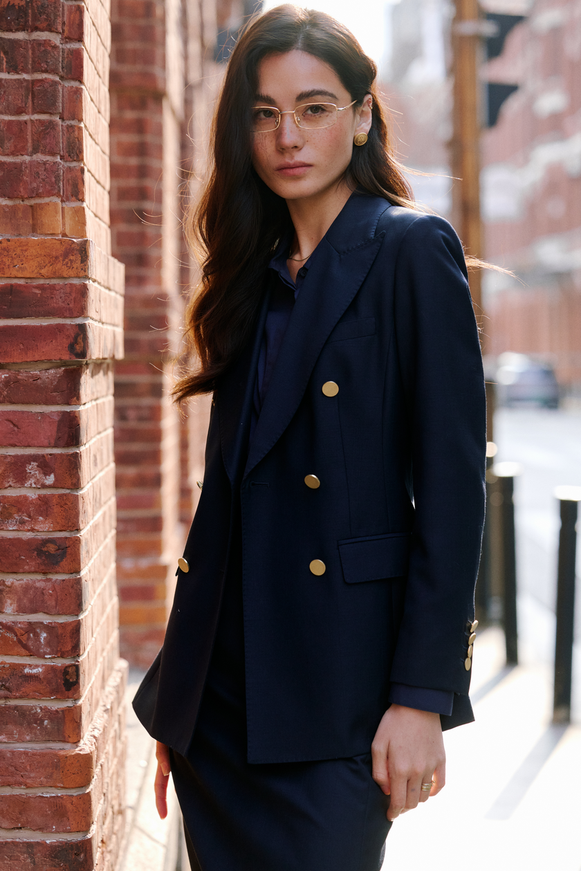 LC ACE™ Loyal Navy Blue Subtle Grid Double-breasted Blazer