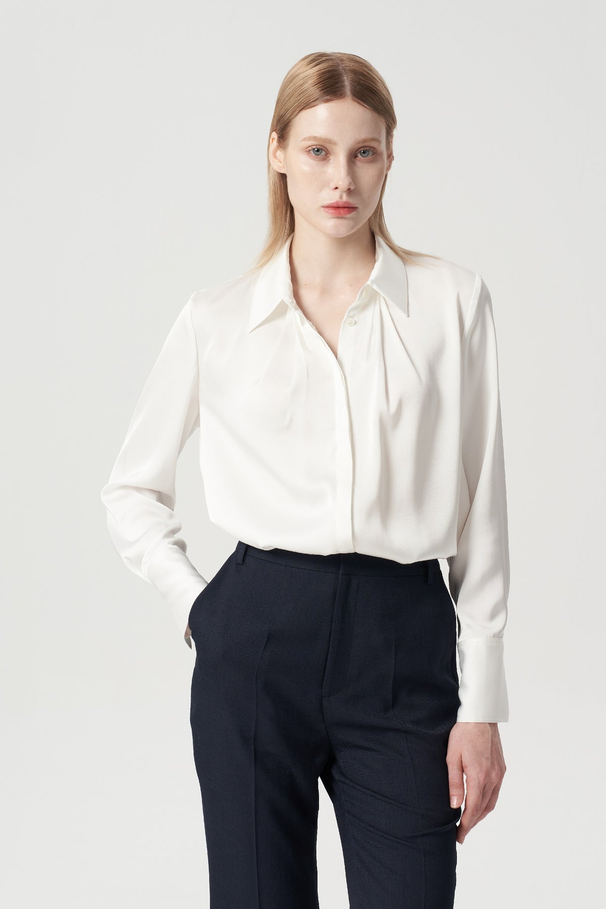 EV Sush™ White Small Point Collar Pintuck Shirt Styling