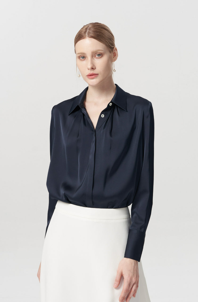 EV Sush™ Loyal Navy Blue Small Point Collar Pintuck Shirt