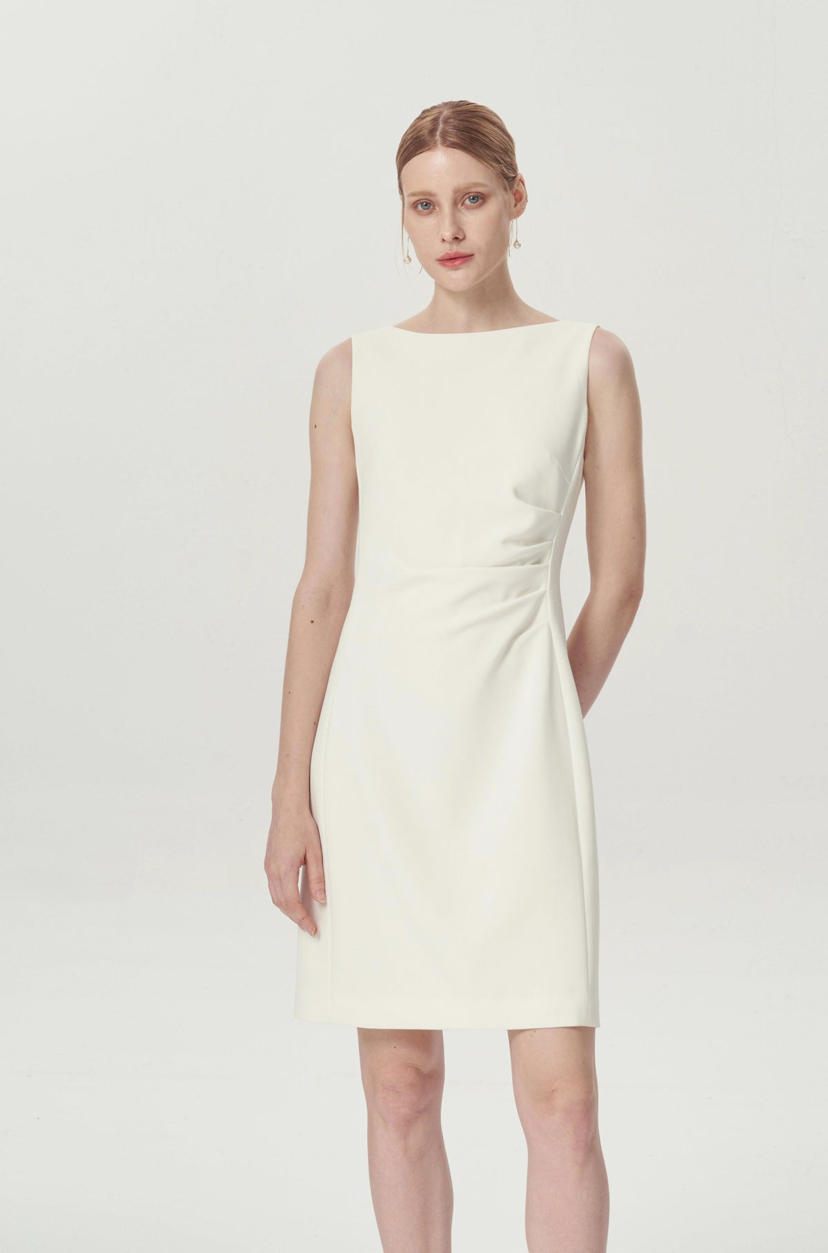 EV Sudro™ Pierre White Sleeveless Waist Ruched Dress Styling